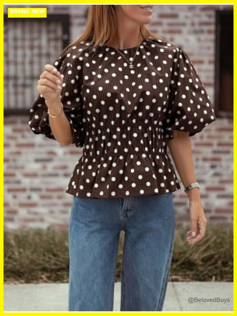 Polka Dots Peplum Top Puff Sleeve Round Neck Blouses Casual Shirts - Picture 2 of 7